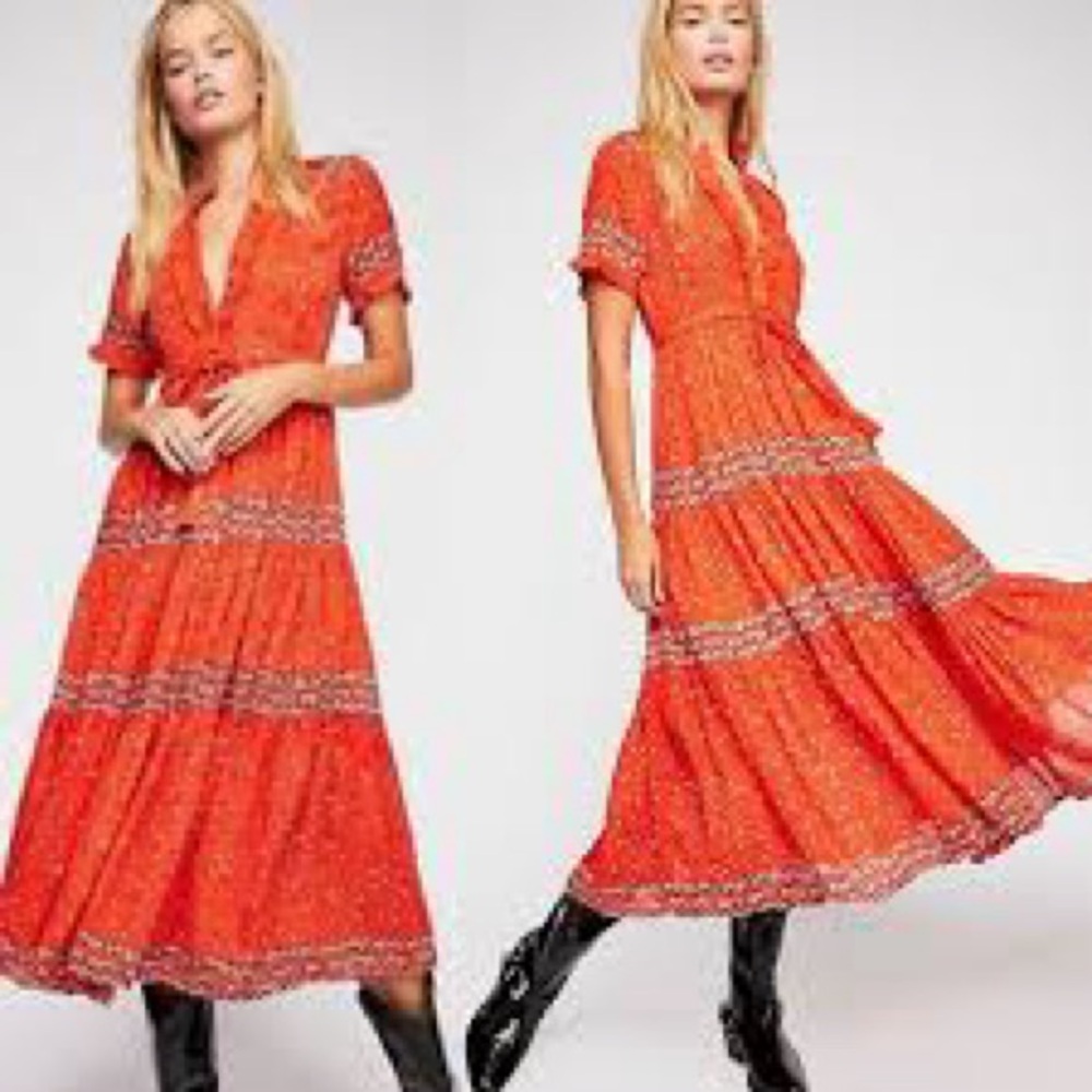 Free People Orange Floral Midi Dress